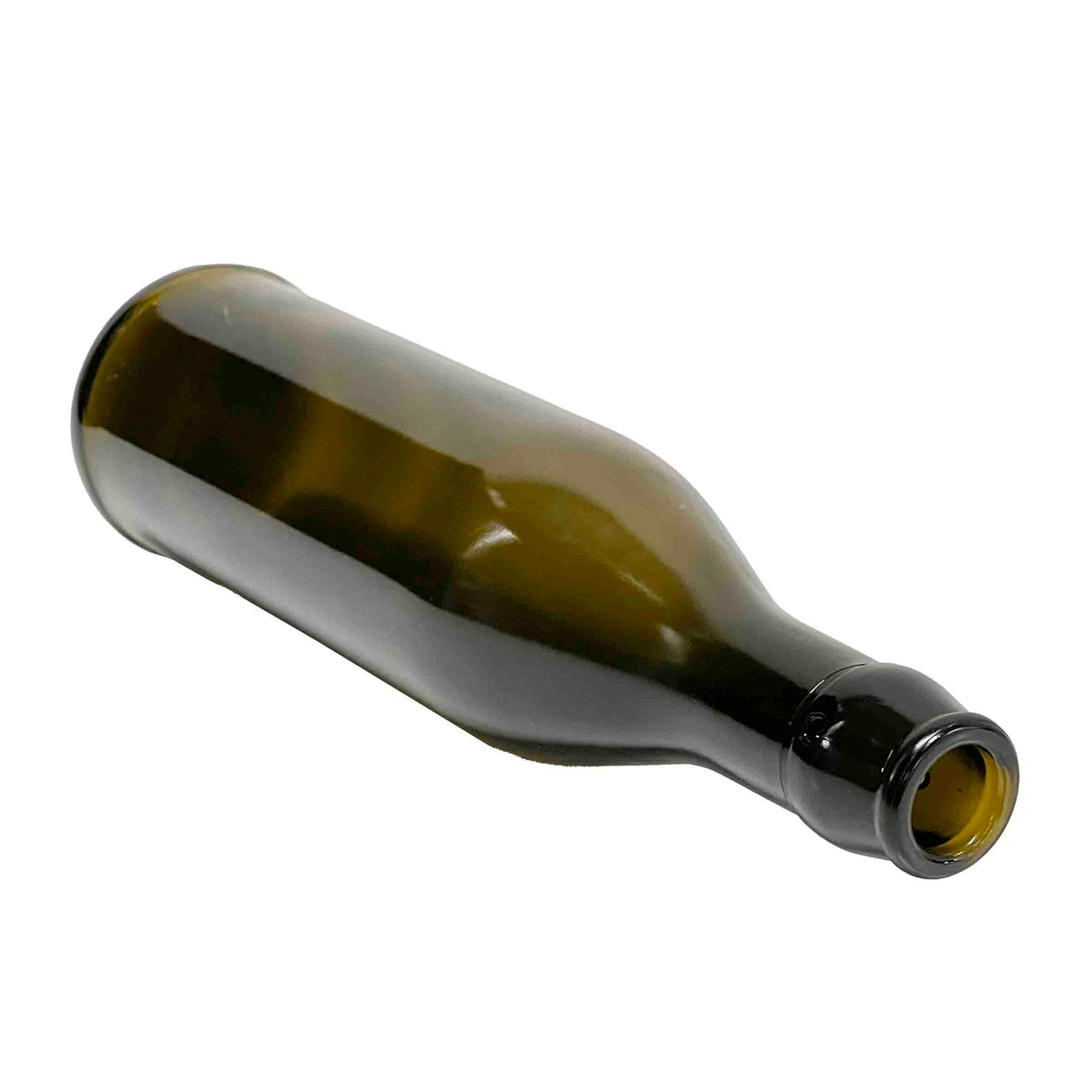 A dark green glass bottle lies on its side on a white background. The empty bottle, with a stainless steel pourer attached to its narrow neck, has a wide body and no visible labels or markings.