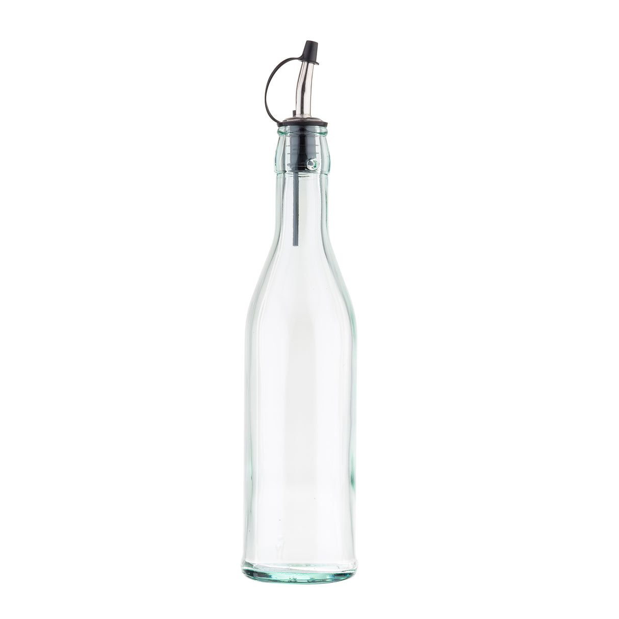A clear, green tinted glass bottle 17 oz with a slender neck and tapered body, topped with a stainless steel pourer featuring a black rubber stopper and small flip-top cap, isolated on a white background.