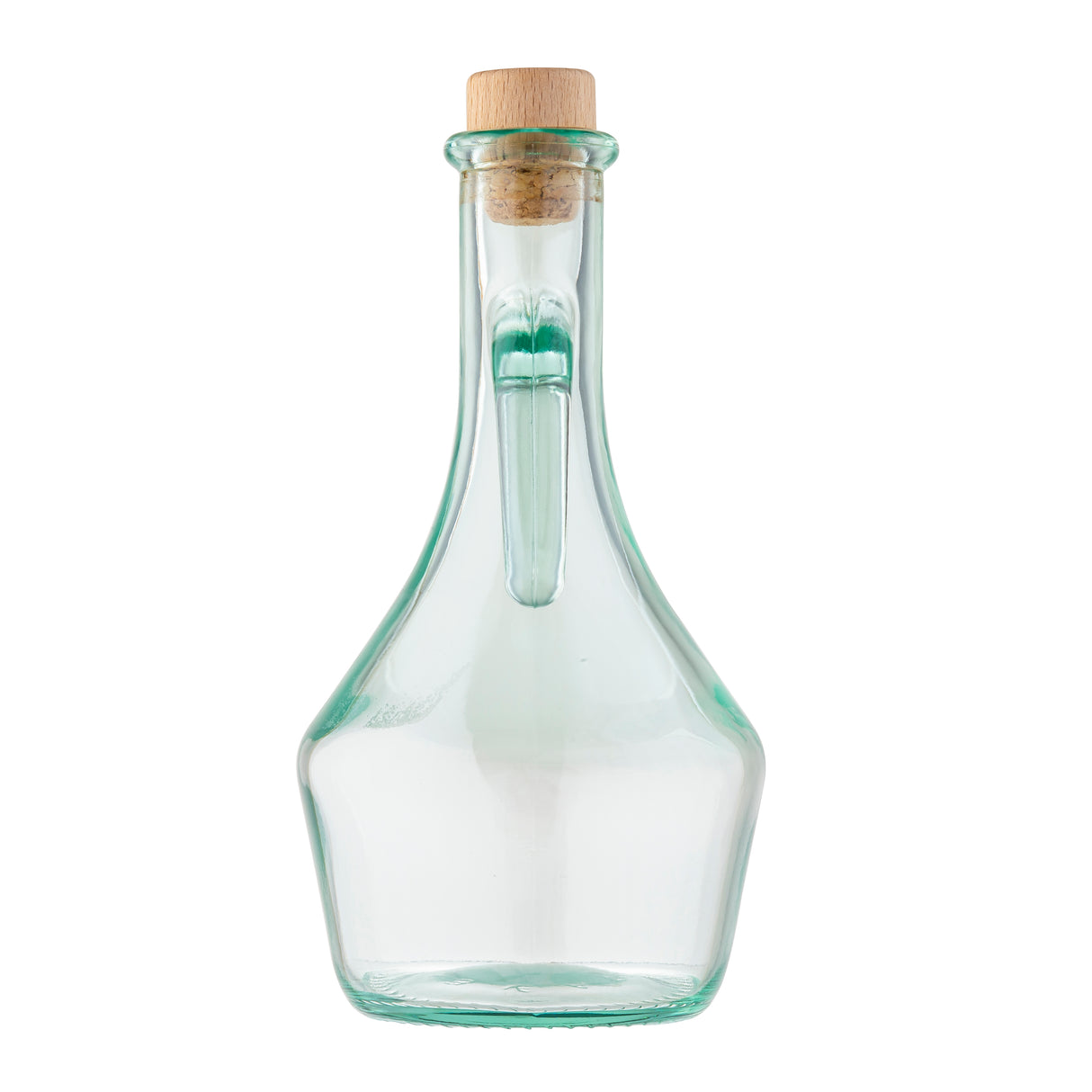 Clear olive oil bottle with a wide base, narrow neck, and wooden cork stopper. An inner glass tube is fused inside, extending from the neck. Made from green tint glass by TableCraft, the empty bottle is set against a white background.