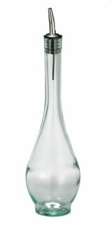 A clear olive oil bottle with a green tint glass features a stainless steel pourer and cap. The rounded base and narrow neck provide an elegant look, while the angled spout ensures easy pouring. The bottle stands upright against a plain white background.