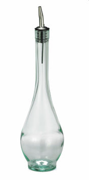 A clear olive oil bottle with a green tint glass features a stainless steel pourer and cap. The rounded base and narrow neck provide an elegant look, while the angled spout ensures easy pouring. The bottle stands upright against a plain white background.