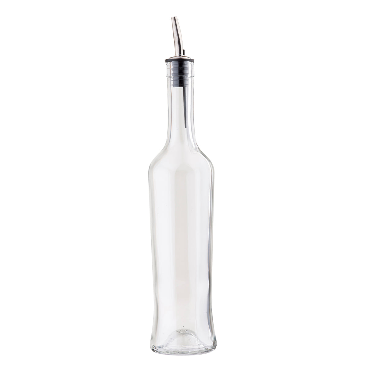 A tall, clear 17 oz glass bottle with a narrow neck and a stainless steel pourer. The empty bottle stands upright on a white background, its curved spout ideal for dispensing liquids like oil or vinegar.