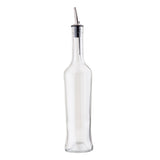 A tall, clear 17 oz glass bottle with a narrow neck and a stainless steel pourer. The empty bottle stands upright on a white background, its curved spout ideal for dispensing liquids like oil or vinegar.