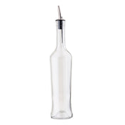 A tall, clear 17 oz glass bottle with a narrow neck and a stainless steel pourer. The empty bottle stands upright on a white background, its curved spout ideal for dispensing liquids like oil or vinegar.