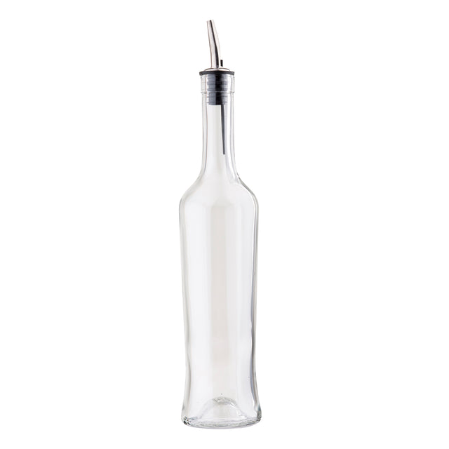 A tall, clear 17 oz glass bottle with a narrow neck and a stainless steel pourer. The empty bottle stands upright on a white background, its curved spout ideal for dispensing liquids like oil or vinegar.