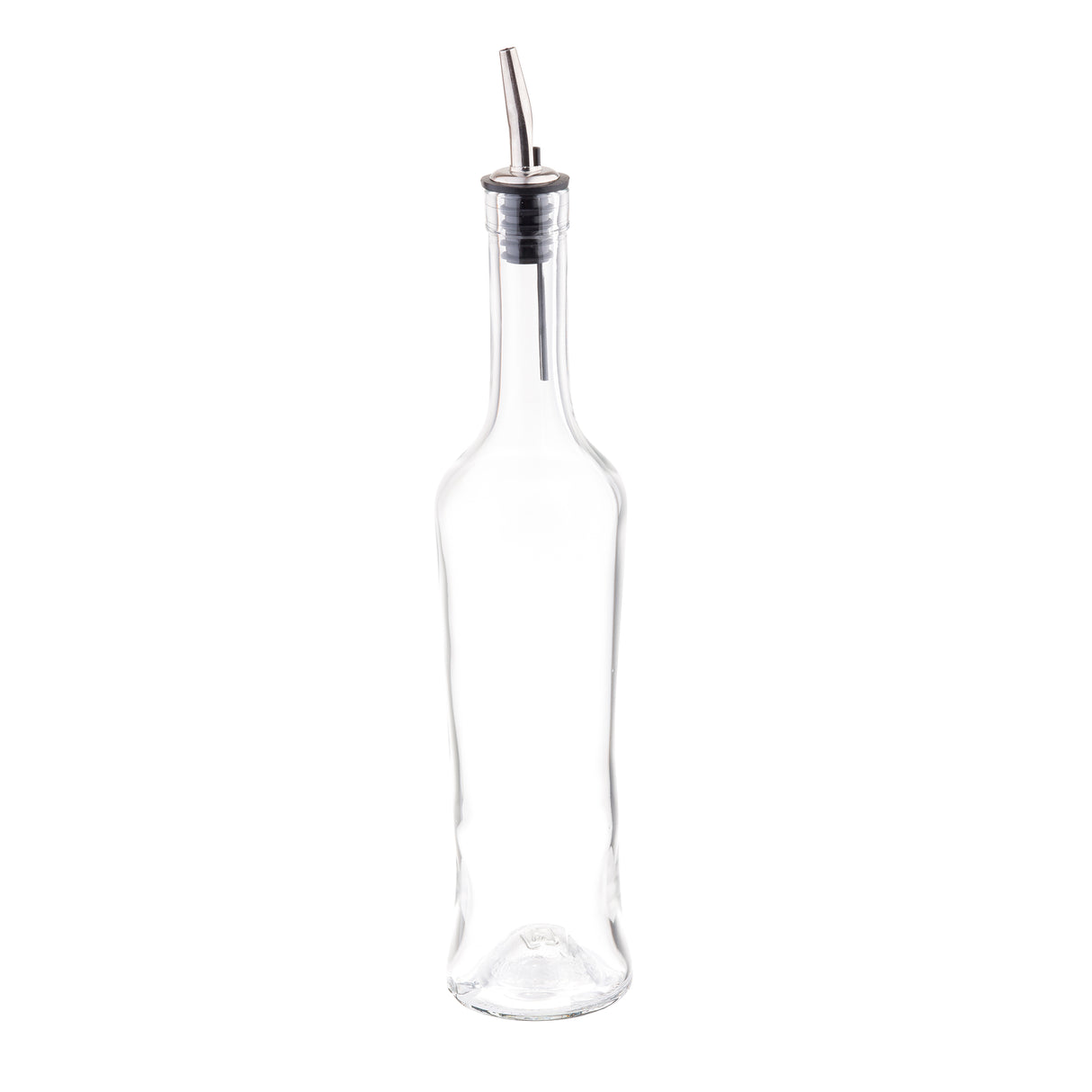 A tall, clear glass bottle with a narrow neck and a stainless steel pourer. The 17 oz bottle is empty and stands upright on a white background, commonly used for dispensing olive oil or vinegar.