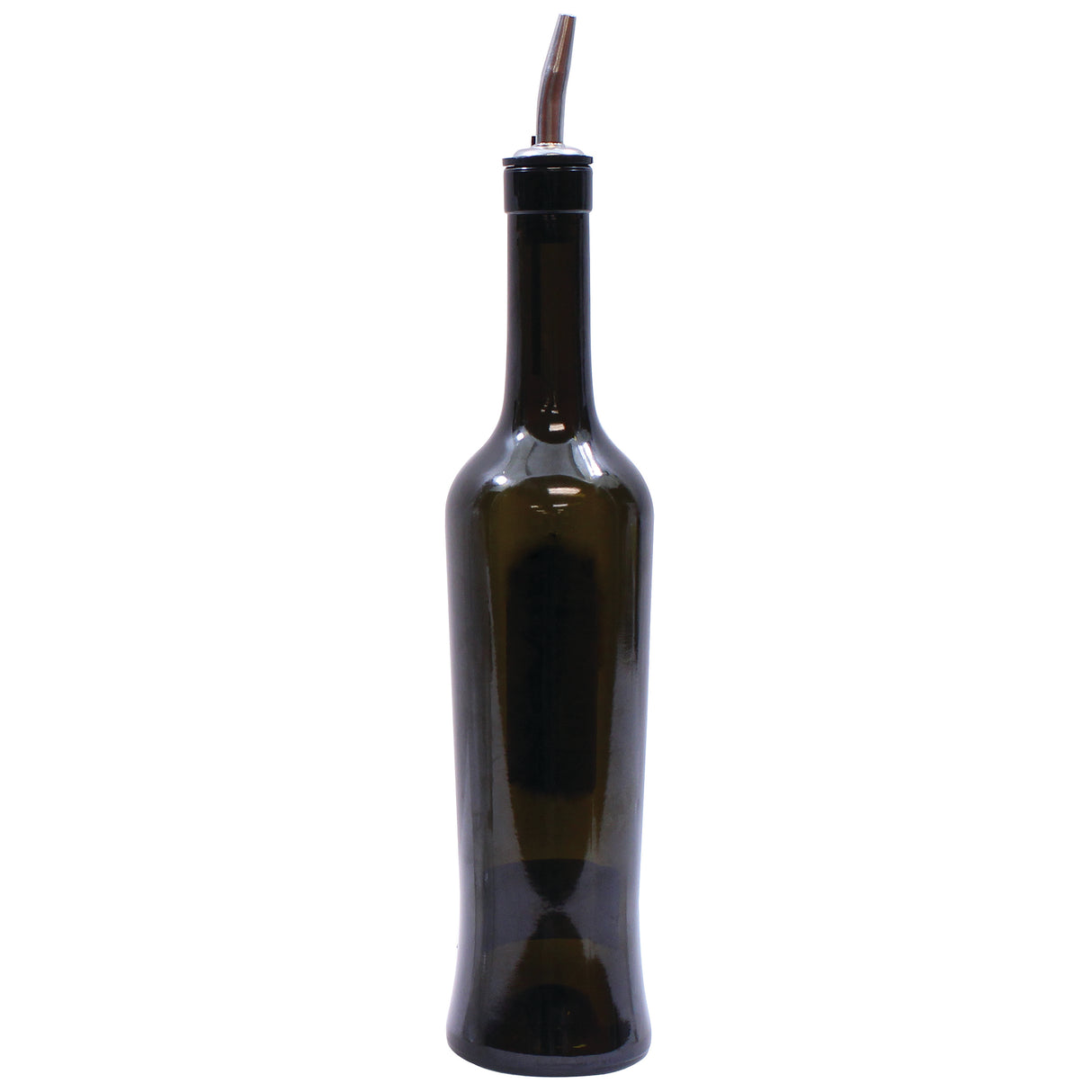 A tall, dark green 17 oz glass bottle with a stainless steel pourer and metal spout tip, typically used for dispensing olive oil or vinegar, stands upright against a plain white background.