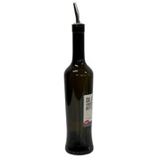 A dark green Luna Glass Bottle, 17 oz, with a label reading “Oil & Vinegar Bottle.” It features a stainless steel pourer and a black plastic cap, designed for easy dispensing. The background is plain white.