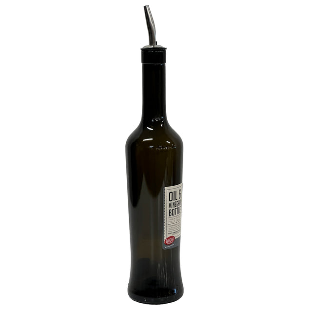 A dark green Luna Glass Bottle, 17 oz, with a label reading “Oil & Vinegar Bottle.” It features a stainless steel pourer and a black plastic cap, designed for easy dispensing. The background is plain white.
