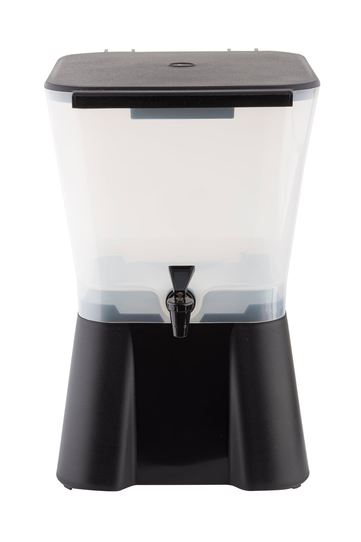 A clear plastic 3 gallon beverage dispenser with a black lid and base, featuring a central spigot for easy pouring. Dishwasher safe and empty, it is photographed on a plain white background.