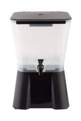 A clear plastic 3 gallon beverage dispenser with a black lid and base, featuring a central spigot for easy pouring. Dishwasher safe and empty, it is photographed on a plain white background.