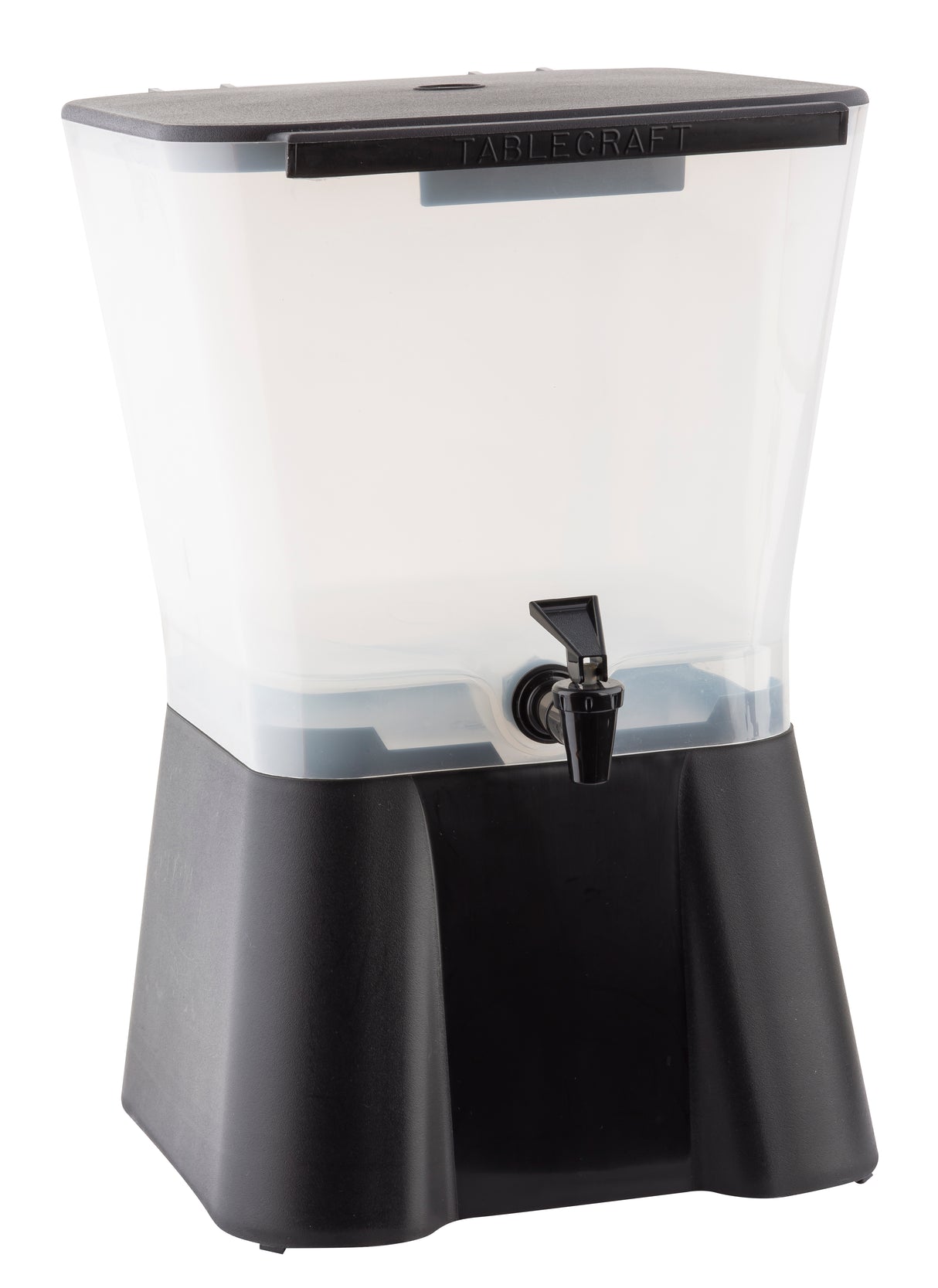 A large, clear 3 gallon beverage dispenser with a black base and spigot. The rectangular container, labeled TABLECRAFT on top, is partially filled with liquid and sits on a sturdy, elevated stand. Dishwasher safe for easy cleaning.