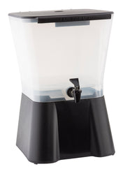 A large, clear 3 gallon beverage dispenser with a black base and spigot. The rectangular container, labeled TABLECRAFT on top, is partially filled with liquid and sits on a sturdy, elevated stand. Dishwasher safe for easy cleaning.