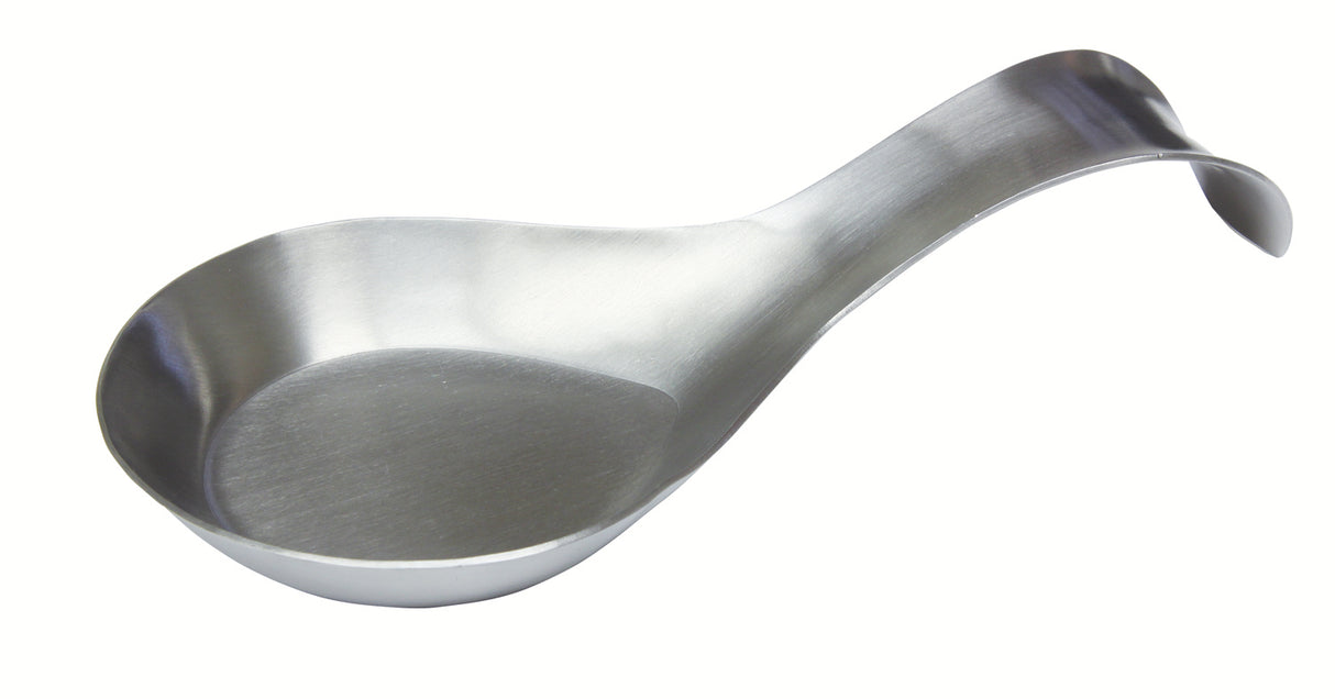 A stainless steel soup spoon with a wide, shallow bowl and curved handle, designed to rest securely on a flat surface or spoon rest. It features a matte, brushed finish, is dishwasher safe, and is photographed against a white background.