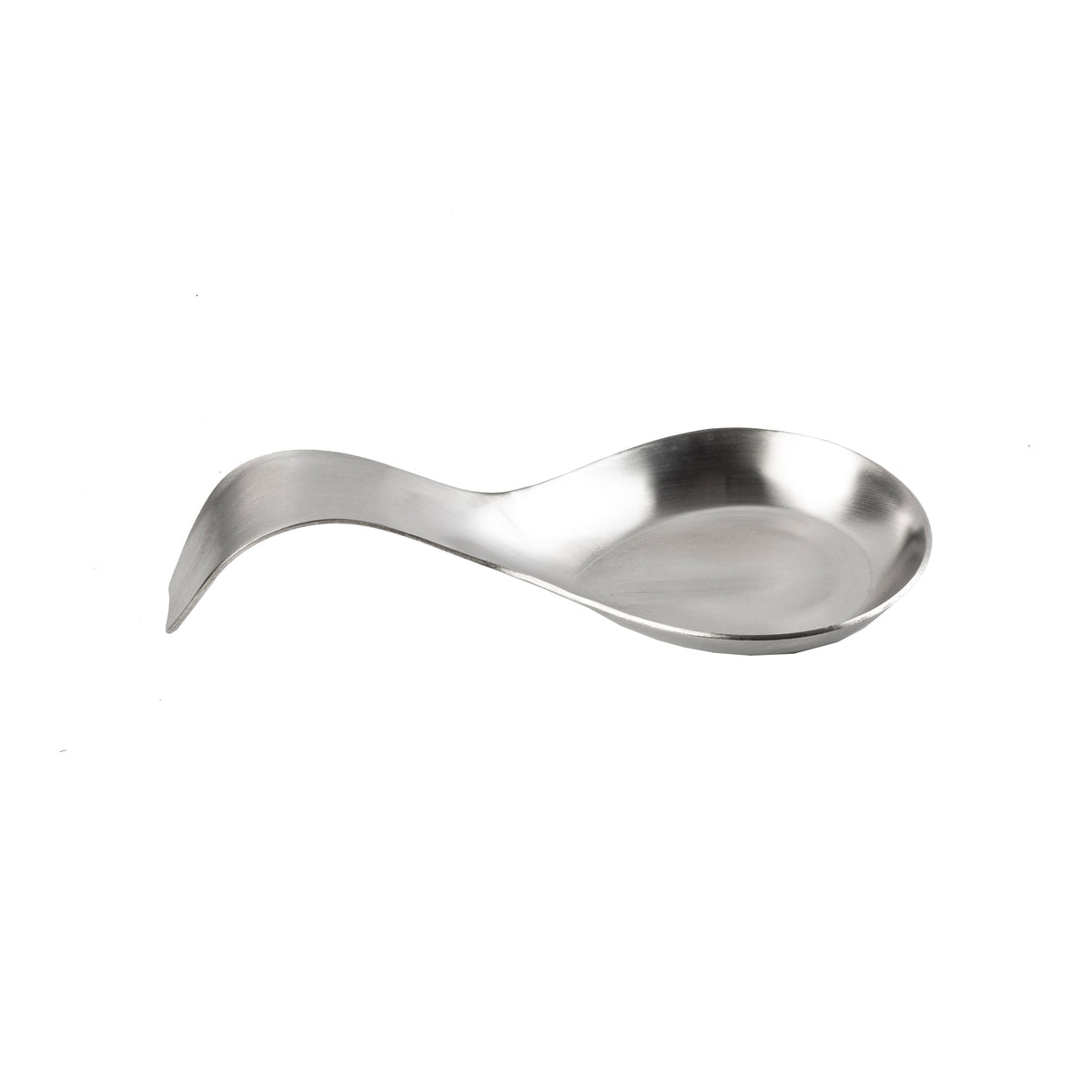 A dishwasher safe stainless steel spoon rest with a shallow, wide bowl and an upward-curved handle, designed for holding cooking utensils. The surface is smooth and shiny, set against a plain white background.