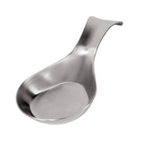 A sleek, stainless steel spoon rest with a wide, shallow bowl and an upward-curved handle. The modern design features smooth lines and a brushed metal finish, and it’s dishwasher safe for easy cleaning while keeping your kitchen surfaces spotless.