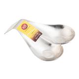 A stainless steel spoon rest shaped like two joined ovals or petals, with a sticker label on the bridge showing the brand and Stainless Steel Double Spoon Rest 590 DRMS. The shiny, reflective surface is also dishwasher safe.