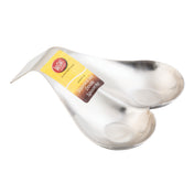 A stainless steel spoon rest shaped like two joined ovals or petals, with a sticker label on the bridge showing the brand and Stainless Steel Double Spoon Rest 590 DRMS. The shiny, reflective surface is also dishwasher safe.