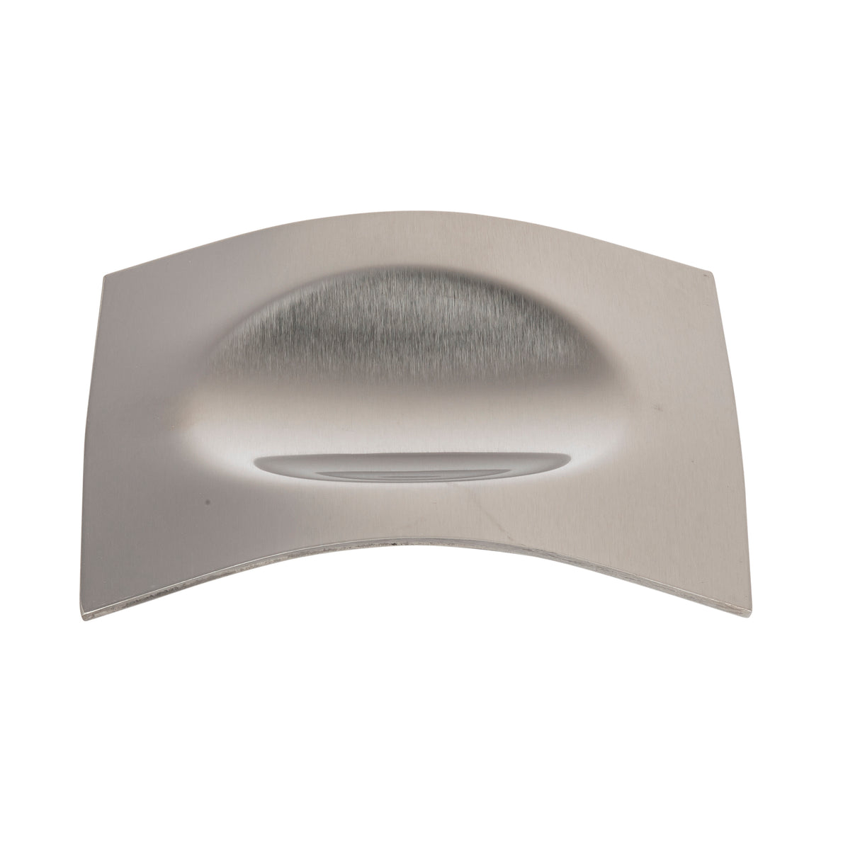 A curved, rectangular metal drawer pull with a brushed finish. The central part bulges outward smoothly while the edges are flat and slightly curved, resembling the modern, sleek appearance of a stainless steel spoon rest.