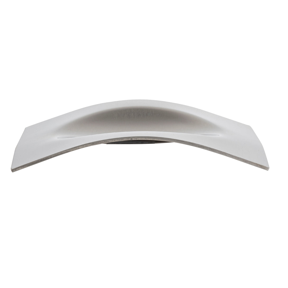 A metallic, slightly curved object with a smooth, matte finish is shown against a white background. Resembling a stainless steel spoon rest, it features a raised center and tapered edges, and is likely dishwasher safe for easy cleaning.