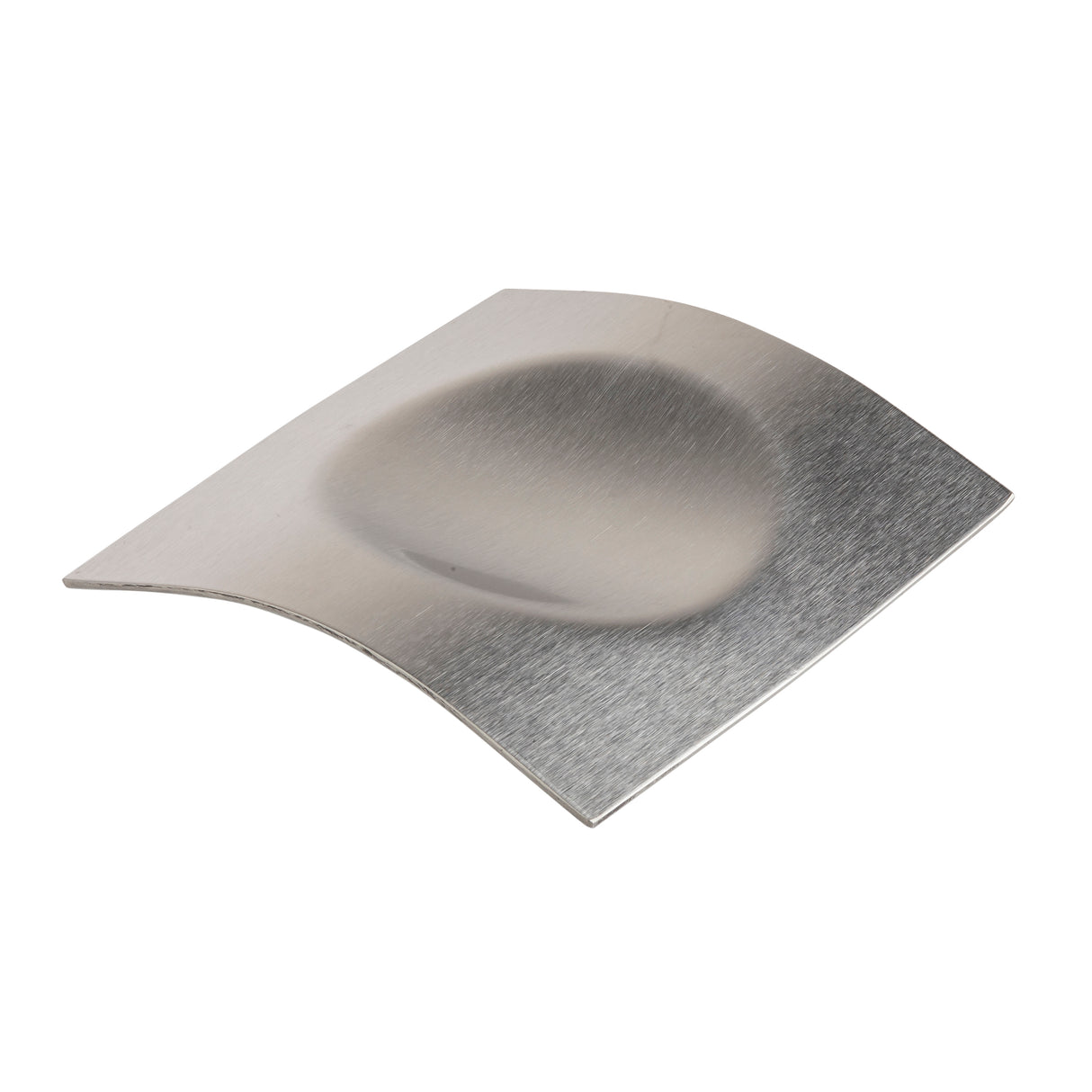 A flat, rectangular, metallic stainless steel spoon rest with a brushed finish, featuring a large, shallow oval depression in the center and subtly curved edges, photographed against a white background. Dishwasher safe for easy cleanup.
