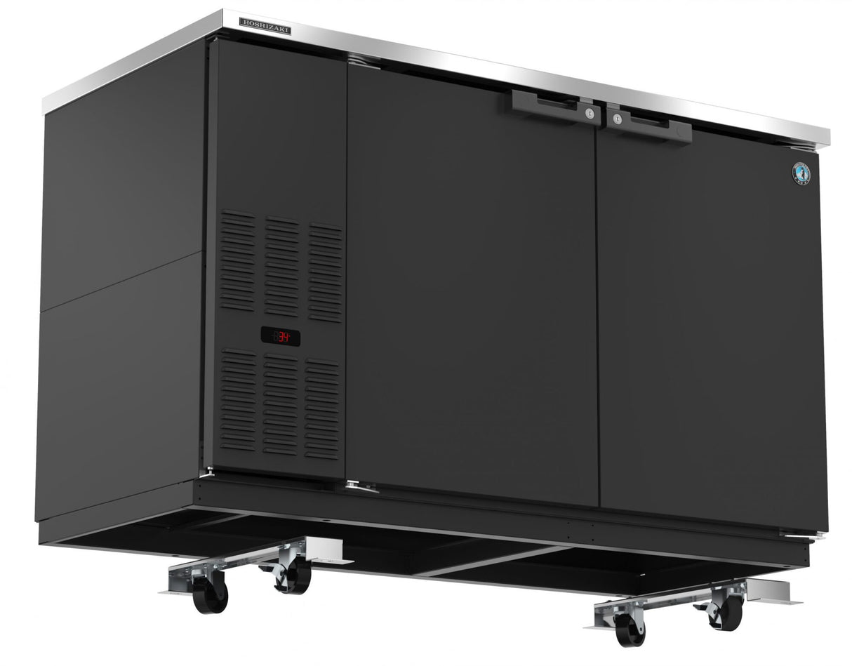 A large, black Hoshizaki back bar refrigerator with two front doors, metal handles, a digital temperature display, and ventilation grilles. Supported by a 4" Caster Kit for easy movement, it features a sleek, modern exterior design.