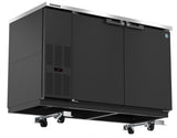 A large, black Hoshizaki back bar refrigerator with two front doors, metal handles, a digital temperature display, and ventilation grilles. Supported by a 4" Caster Kit for easy movement, it features a sleek, modern exterior design.