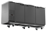 A Hoshizaki stainless steel undercounter refrigerator with three black doors, ventilation panel with digital display, and sturdy caster kit for mobility. This sleek, modern unit is a top choice among commercial back bar models in professional kitchens.