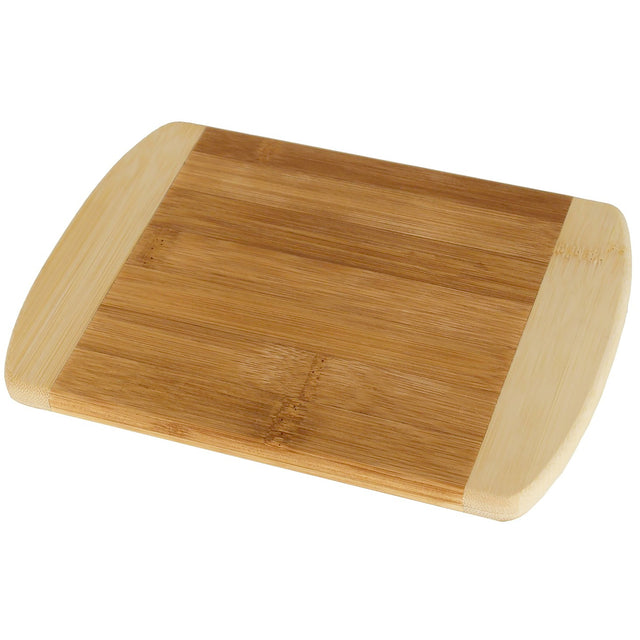 A rectangular TableCraft bamboo bar board with rounded edges features a light wood color at both shorter ends and a medium wood tone in the center, displayed against a white background.