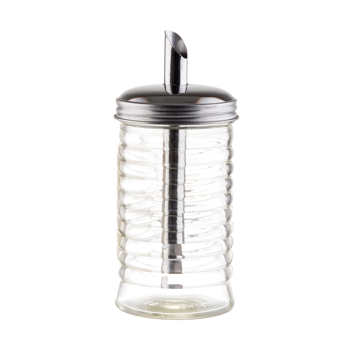 A clear ribbed glass sugar pourer from the Beehive Collection features a stainless steel pour spout and metal lid, perfect for precise pouring; the empty container is photographed on a white background.
