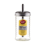 A clear, ribbed glass sugar pourer from the Beehive Collection with a stainless steel pour spout lid. The label reads TableCraft Beehive Sugar Shaker, Stainless Steel Pour Spout Top, 12 oz / 355 ml. Set against a white background.