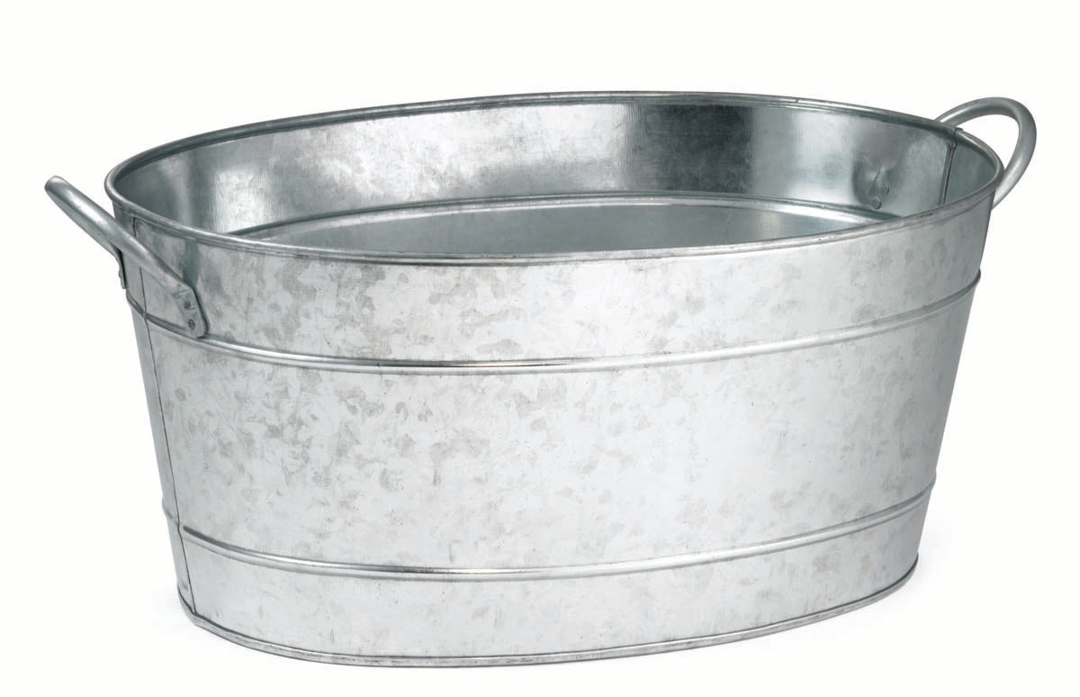 A shiny, oval-shaped TableCraft beverage tub made of galvanized steel with two side handles is shown against a plain white background. The tub features a slightly textured surface and horizontal raised bands for reinforcement.