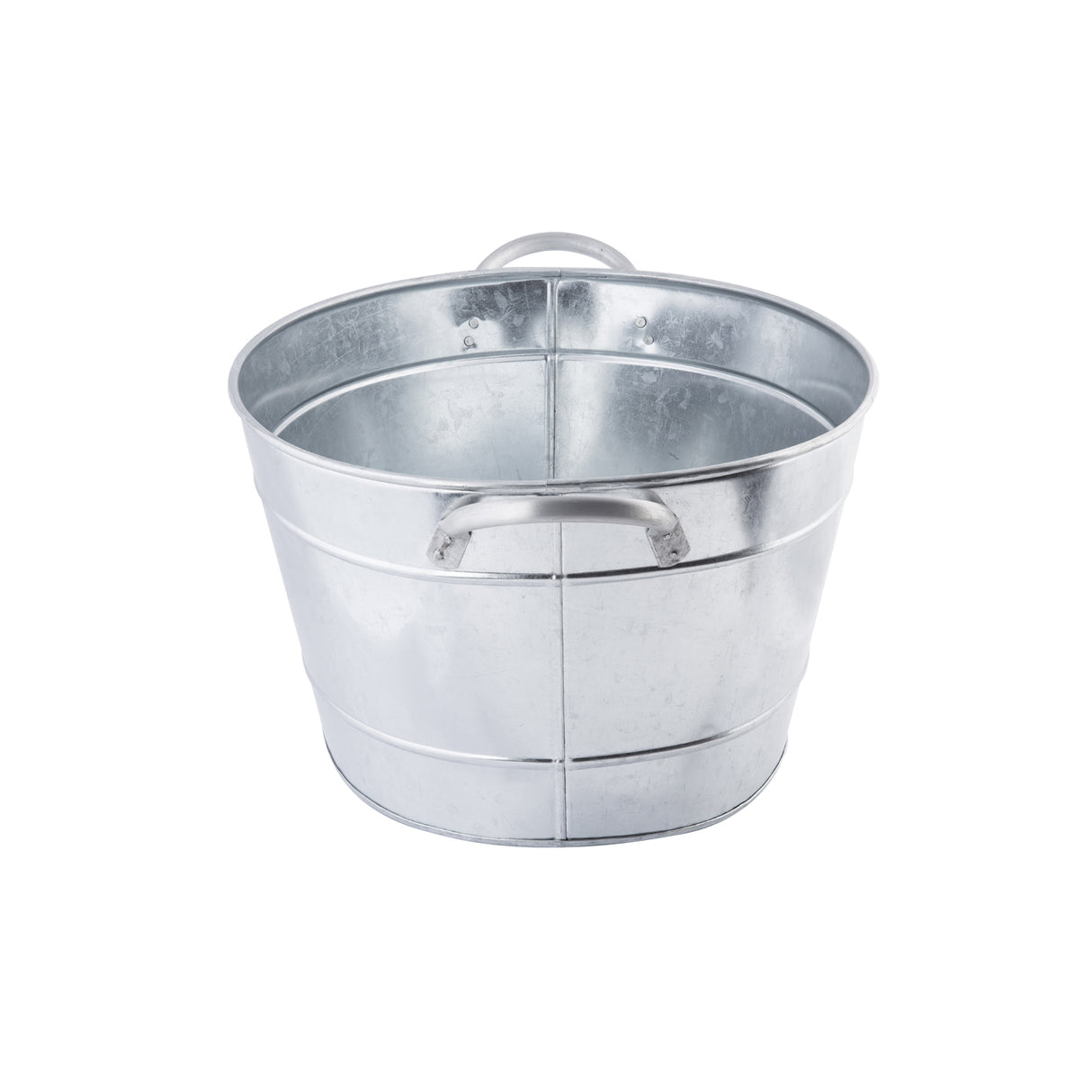 A shiny, silver TableCraft beverage tub with two curved handles on either side. The galvanized steel bucket has a round shape with visible horizontal seams. It is empty and placed against a plain white background.