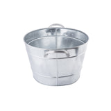 A shiny, silver TableCraft beverage tub with two curved handles on either side. The galvanized steel bucket has a round shape with visible horizontal seams. It is empty and placed against a plain white background.