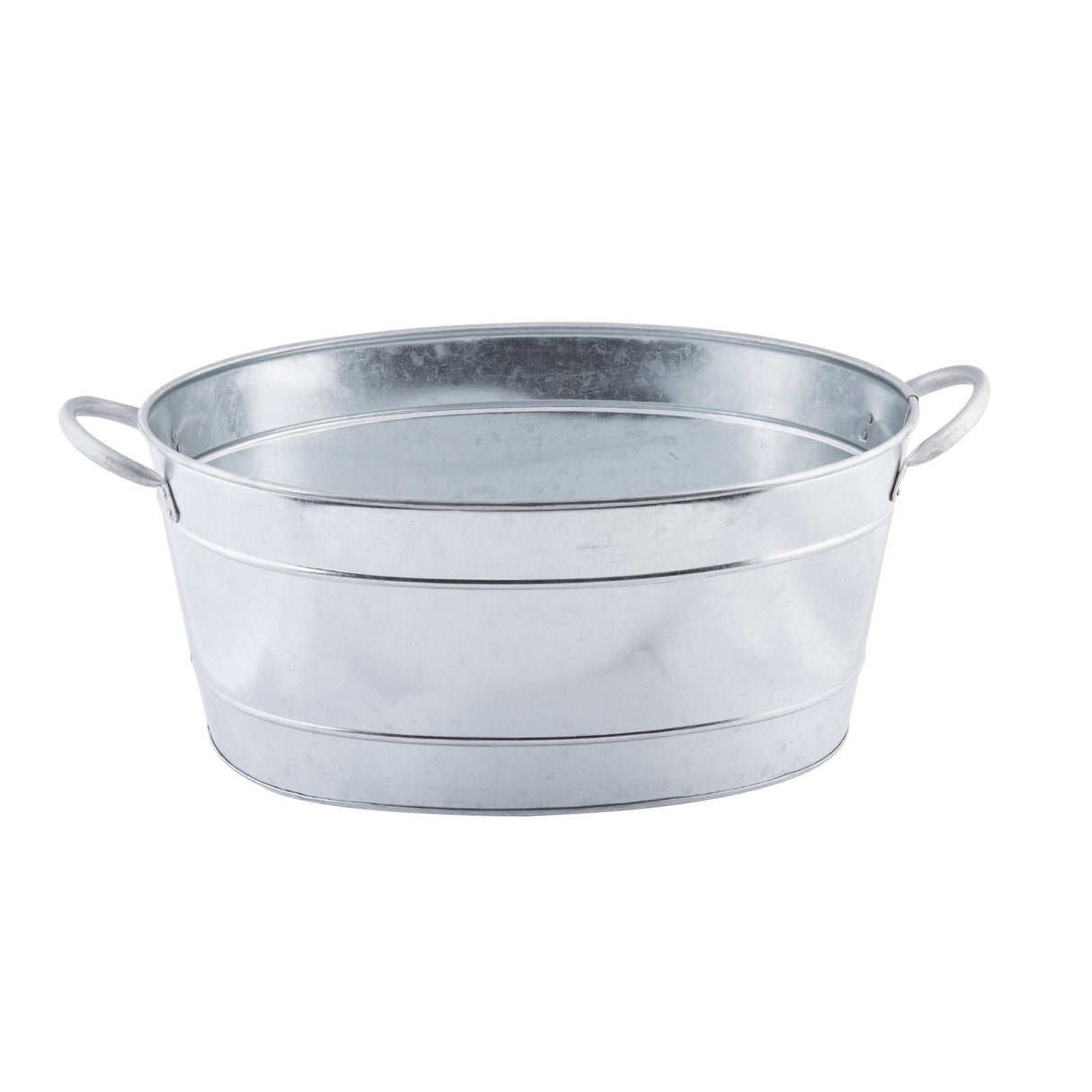 Oval-shaped TableCraft galvanized steel beverage tub with two curved handles on opposite sides. The tub features a shiny, silver finish and two horizontal ridges for added strength, photographed empty against a white background.