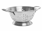 A mini colander made of stainless steel with two handles and a base, featuring evenly spaced round holes for draining. The colander is set against a plain white background.