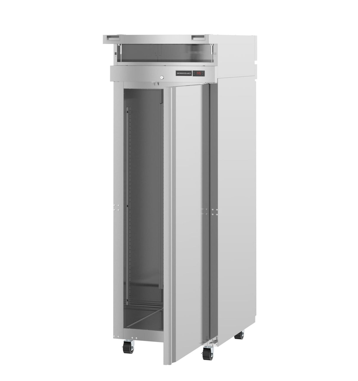 A tall, silver metal storage cabinet with a single sliding stainless steel door slightly open, revealing an empty interior. The unit has a small control panel near the top and is mounted on four black caster wheels for mobility. The design is sleek and industrial.