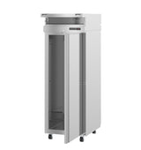 A tall, silver metal storage cabinet with a single sliding stainless steel door slightly open, revealing an empty interior. The unit has a small control panel near the top and is mounted on four black caster wheels for mobility. The design is sleek and industrial.