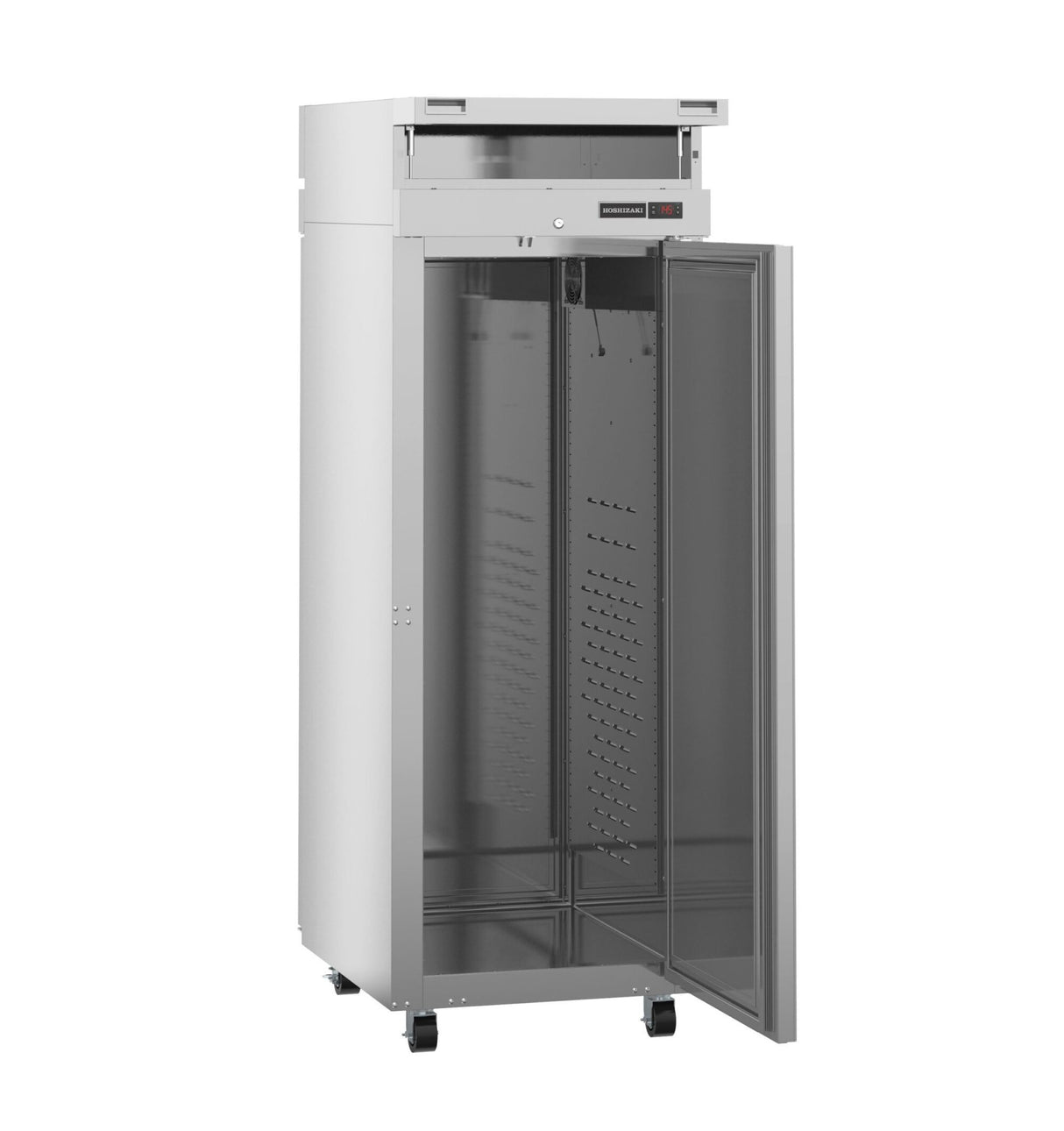 A tall, white metal storage cabinet with a transparent pass-thru door that’s open, revealing empty shelves inside. The cabinet has a pull-out drawer at the top, ventilation holes on the back panel, and is mounted on four small wheels.