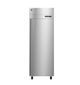 A tall, stainless steel commercial refrigerator with a single stainless steel door, digital display, minimal handles, and adjustable legs. The sleek modern design suits industrial or restaurant use and pairs well with pass-thru or heated cabinet setups.