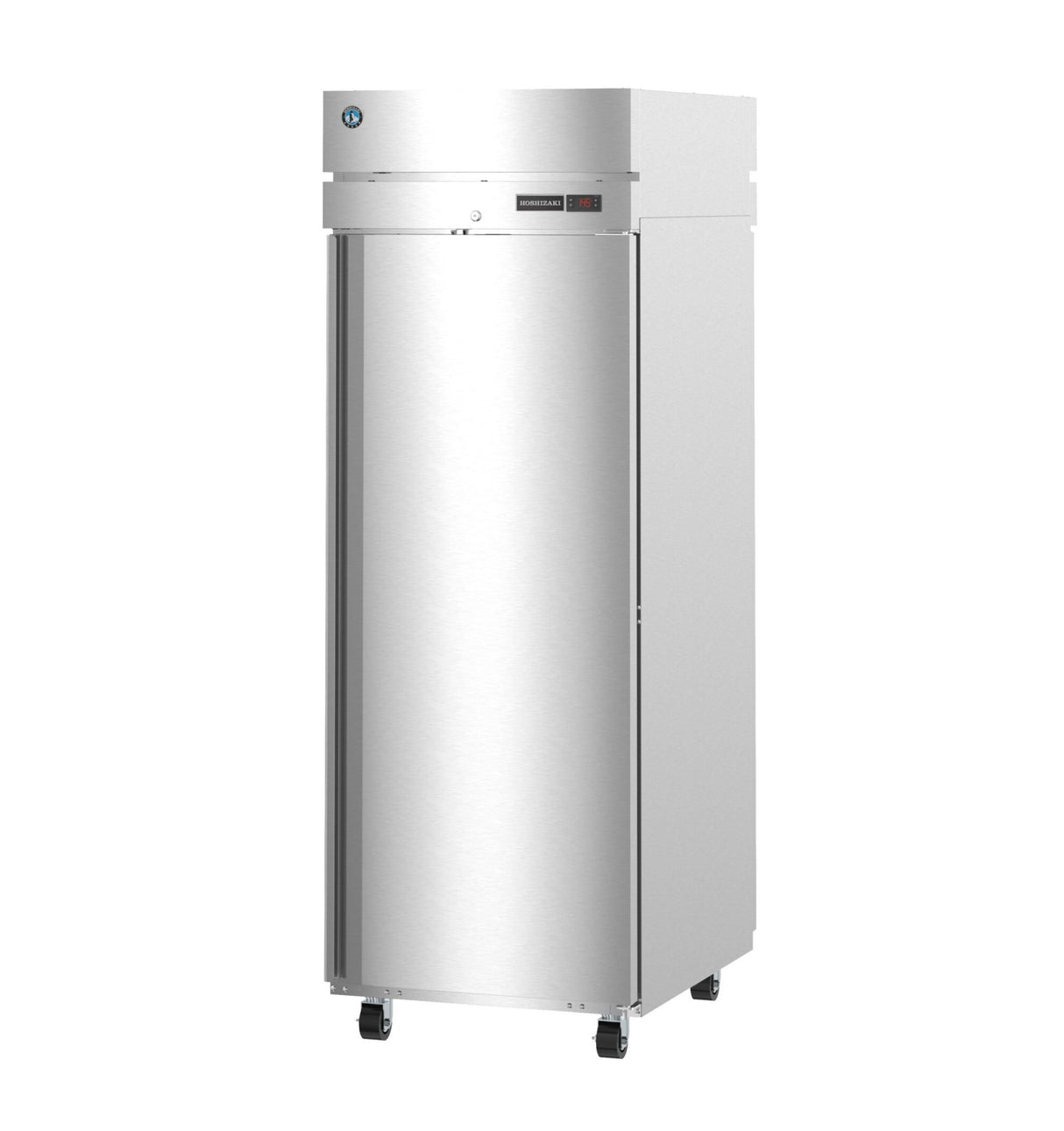 A tall, industrial stainless steel refrigerator with a single solid door, digital display panel, and four small wheels at the base. This pass-thru unit features a brushed metal finish and is designed for commercial kitchen use. The surface appears new and clean.