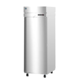 A tall, industrial stainless steel refrigerator with a single solid door, digital display panel, and four small wheels at the base. This pass-thru unit features a brushed metal finish and is designed for commercial kitchen use. The surface appears new and clean.