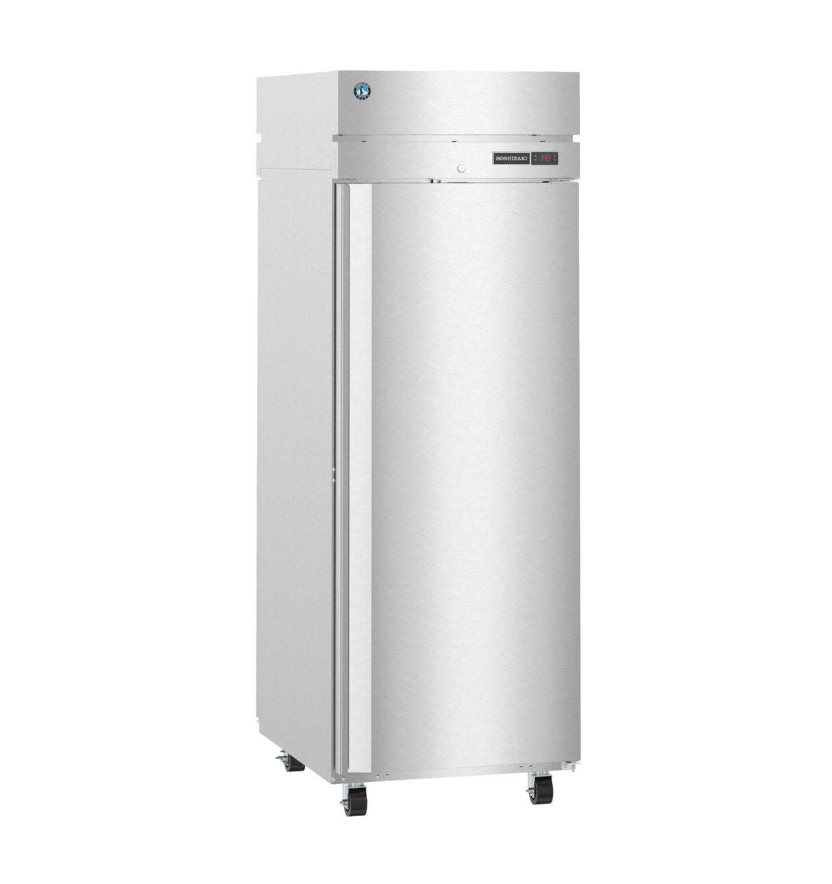 A tall, single-door commercial refrigerator with a brushed stainless steel door, flat top, digital control panel near the top right, and four caster wheels for mobility. The smooth pass-thru design makes it ideal for busy kitchen environments.