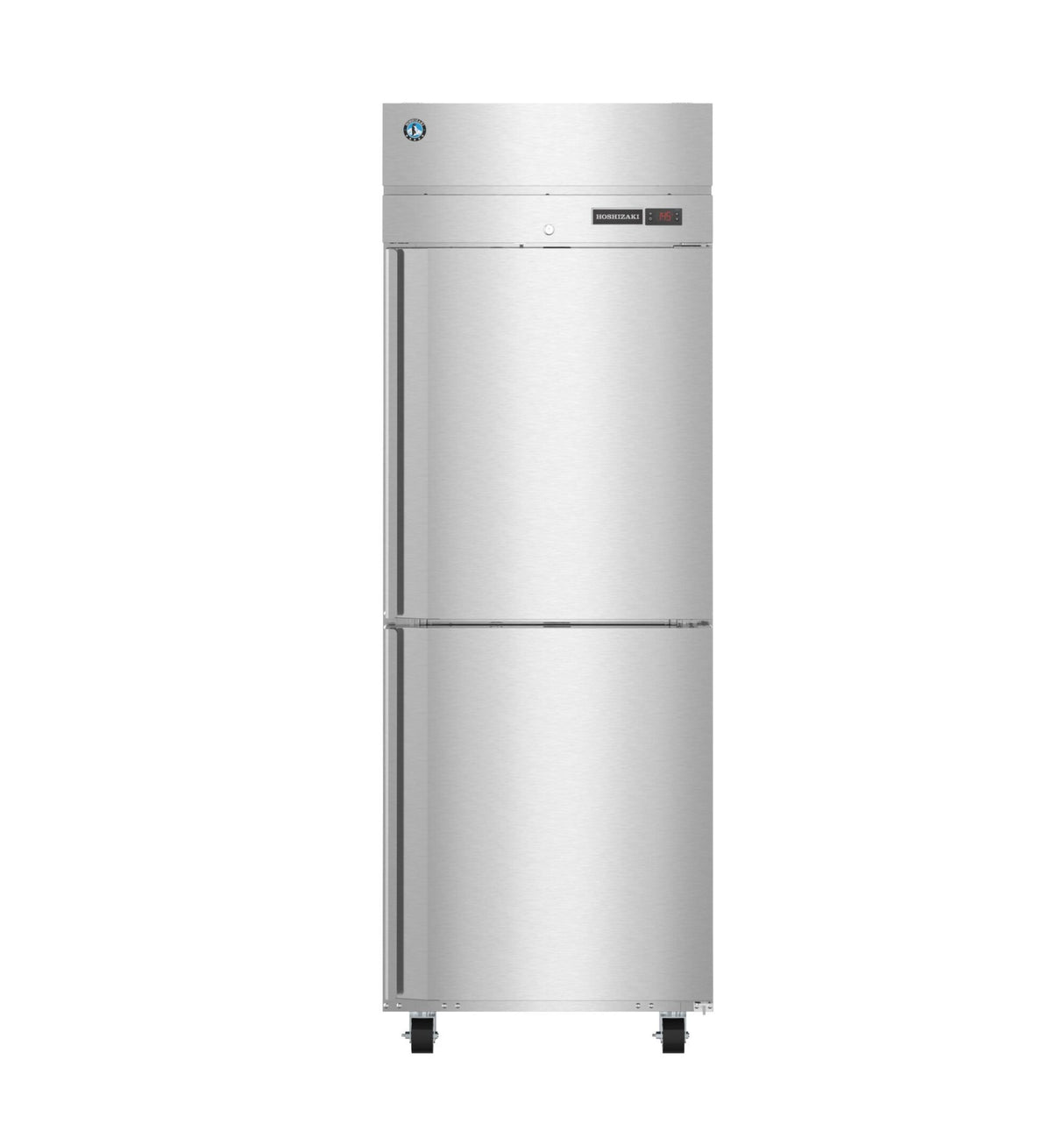 A commercial stainless steel pass-thru refrigerator with two doors, digital temperature display, top vent, and black adjustable legs. Its brushed metal finish and modern utilitarian design are perfect for restaurant or industrial kitchen use.