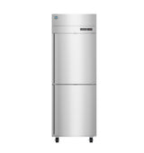 A commercial stainless steel pass-thru refrigerator with two doors, digital temperature display, top vent, and black adjustable legs. Its brushed metal finish and modern utilitarian design are perfect for restaurant or industrial kitchen use.