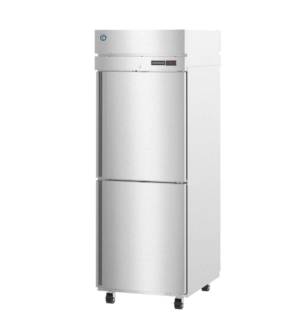 A tall, commercial stainless steel refrigerator with two separate doors, digital control panel, vent at the top, and black caster wheels for mobility. This pass-thru fridge features a clean, modern design and a sleek vertical, rectangular shape.
