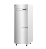 A tall, commercial stainless steel refrigerator with two separate doors, digital control panel, vent at the top, and black caster wheels for mobility. This pass-thru fridge features a clean, modern design and a sleek vertical, rectangular shape.