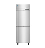 A stainless steel reach-in commercial refrigerator stands upright with two separate doors, one above the other, and a digital control panel on the top door. The smooth, reflective surface is supported by four black adjustable legs.