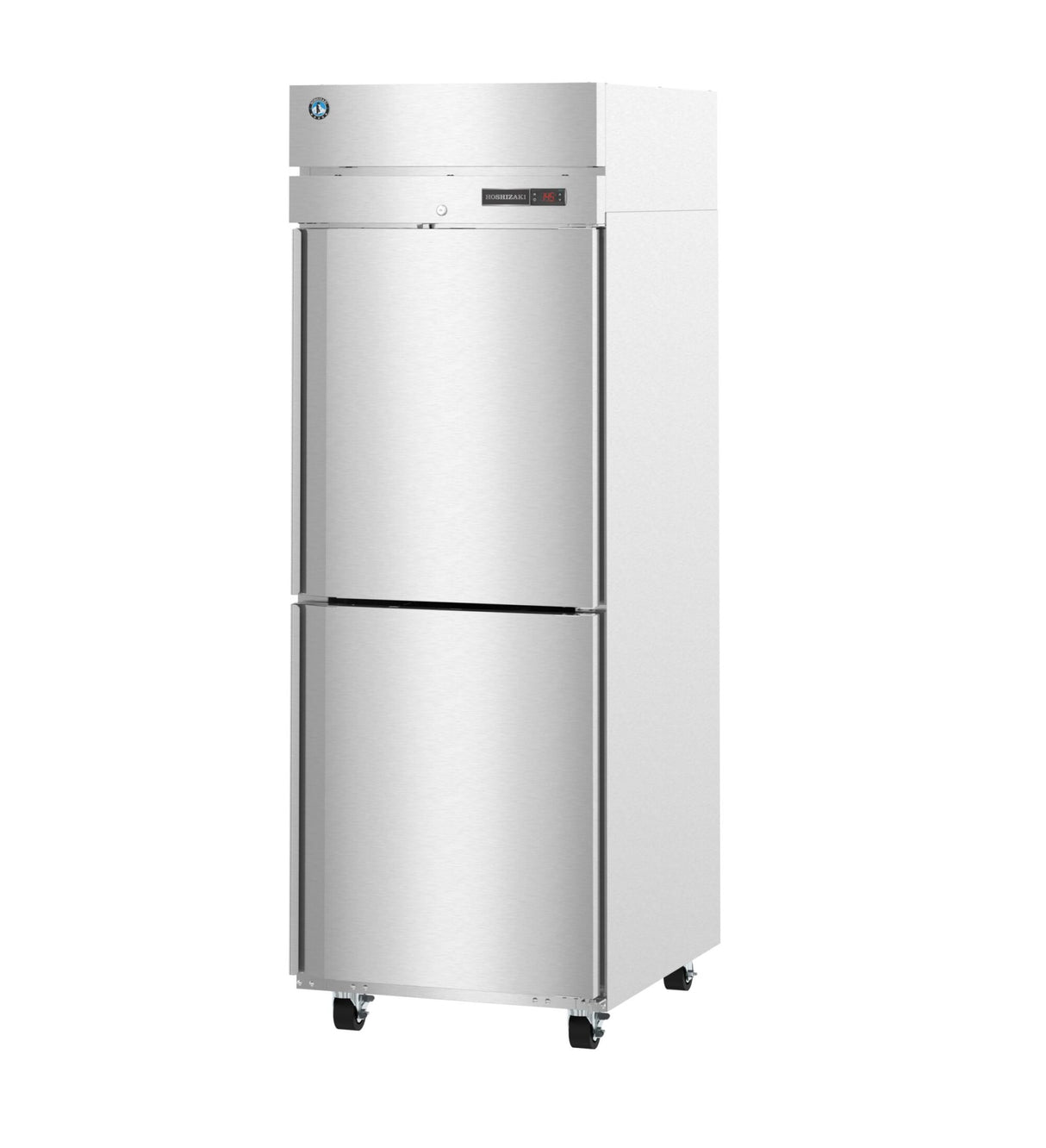 A tall, stainless steel reach-in refrigerator with two separate vertical doors, digital display panel, and four black caster wheels at the base for mobility. The unit appears modern and industrial, suitable for a professional kitchen.