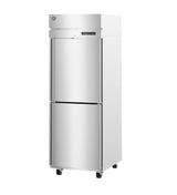 A tall, stainless steel reach-in refrigerator with two separate vertical doors, digital display panel, and four black caster wheels at the base for mobility. The unit appears modern and industrial, suitable for a professional kitchen.